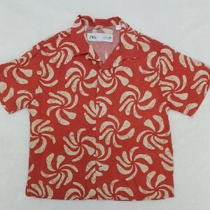 Zara Red Cream Button Down Shirt with Retro Pattern